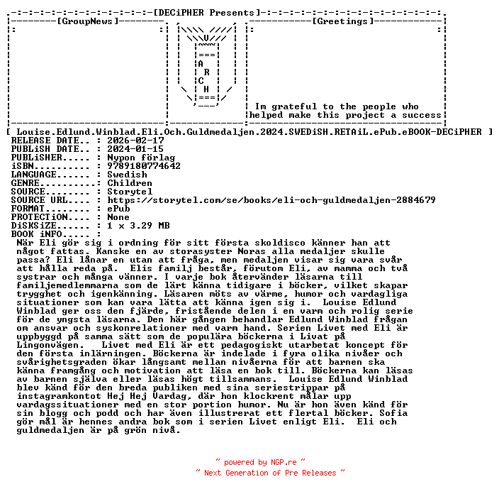 NFO for the release Louise.Edlund.Winblad.Eli.Och.Guldmedaljen.2024.SWEDiSH.RETAiL.ePub.eBOOK-DECiPHER by DECiPHER