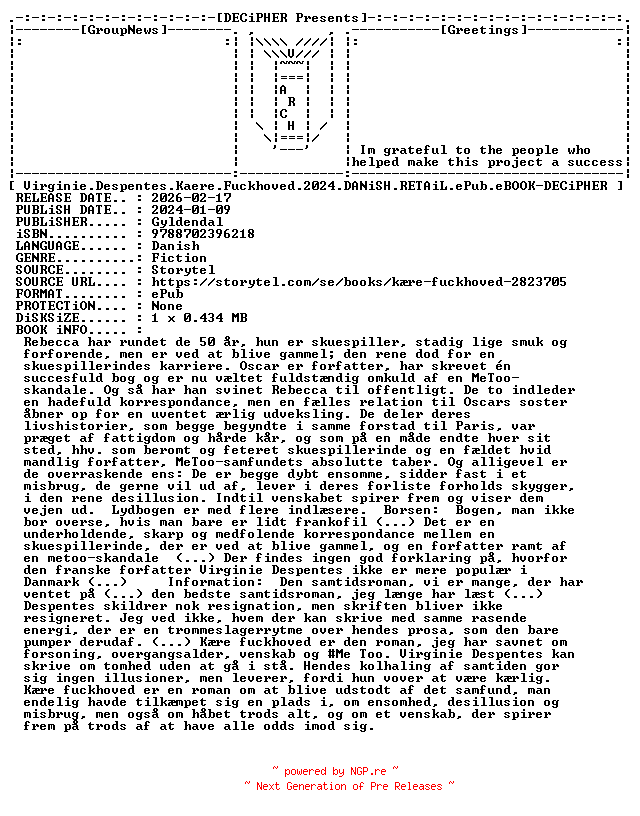 NFO for the release Virginie.Despentes.Kaere.Fuckhoved.2024.DANiSH.RETAiL.ePub.eBOOK-DECiPHER by DECiPHER