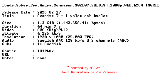 NFO for the release Bonde.Soker.Fru.Andra.Sommaren.S02E07.SWEDiSH.1080p.WEB.h264-INGRID by INGRID