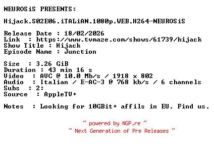 NFO for the release Hijack.S02E06.iTALiAN.1080p.WEB.H264-NEUROSiS by NEUROSiS