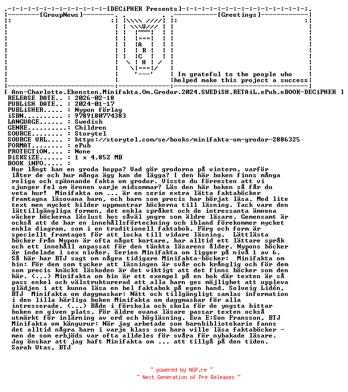 NFO for the release Ann.Charlotte.Ekensten.Minifakta.Om.Grodor.2024.SWEDiSH.RETAiL.ePub.eBOOK-DECiPHER by DECiPHER