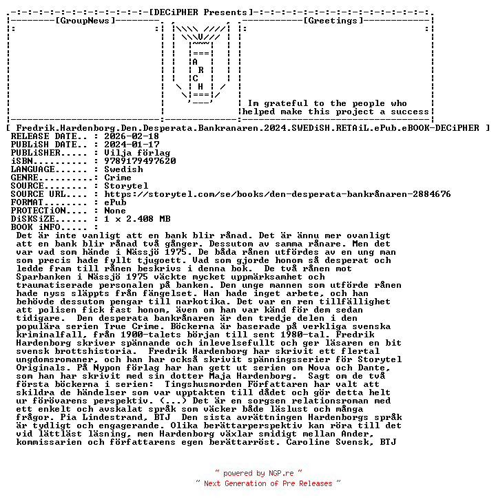 NFO for the release Fredrik.Hardenborg.Den.Desperata.Bankranaren.2024.SWEDiSH.RETAiL.ePub.eBOOK-DECiPHER by DECiPHER