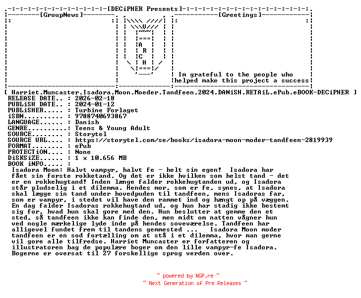 NFO for the release Harriet.Muncaster.Isadora.Moon.Moeder.Tandfeen.2024.DANiSH.RETAiL.ePub.eBOOK-DECiPHER by DECiPHER
