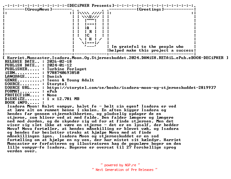 NFO for the release Harriet.Muncaster.Isadora.Moon.Og.Stjerneskuddet.2024.DANiSH.RETAiL.ePub.eBOOK-DECiPHER by DECiPHER