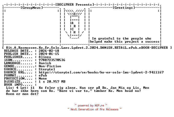 NFO for the release Kit.A.Rasmussen.Ko.Er.Solo.Laes.Lydret.2.2024.DANiSH.RETAiL.ePub.eBOOK-DECiPHER by DECiPHER