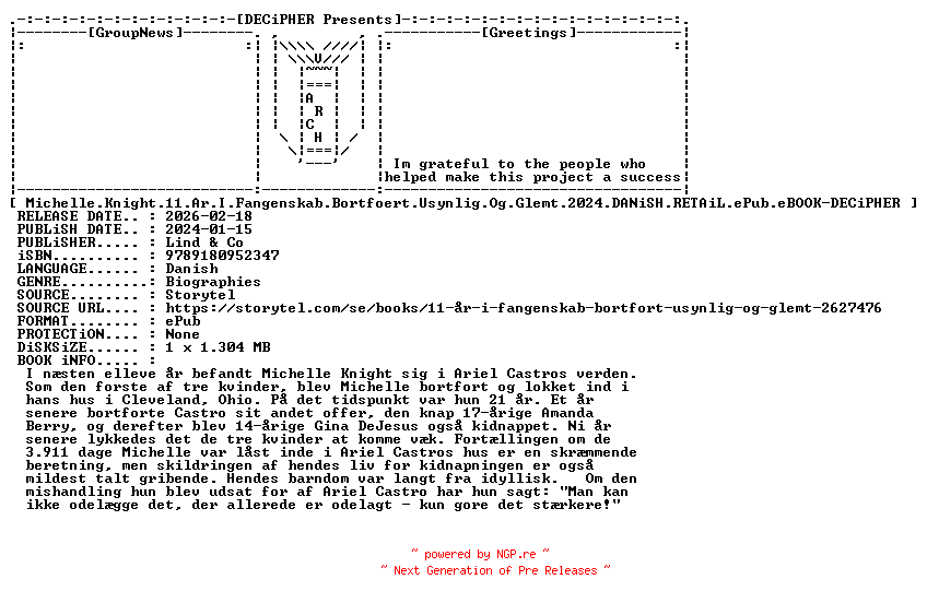 NFO for the release Michelle.Knight.11.Ar.I.Fangenskab.Bortfoert.Usynlig.Og.Glemt.2024.DANiSH.RETAiL.ePub.eBOOK-DECiPHER by DECiPHER