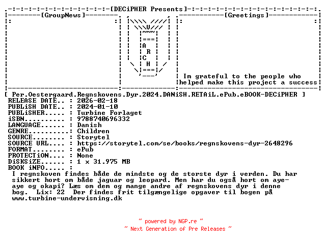 NFO for the release Per.Oestergaard.Regnskovens.Dyr.2024.DANiSH.RETAiL.ePub.eBOOK-DECiPHER by DECiPHER
