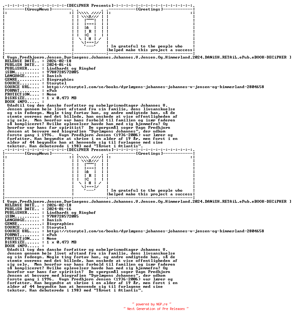 NFO for the release Vagn.Predbjoern.Jensen.Dyrlaegens.Johannes.Johannes.V.Jensen.Og.Himmerland.2024.DANiSH.RETAiL.ePub.eBOOK-DECiPHER by DECiPHER