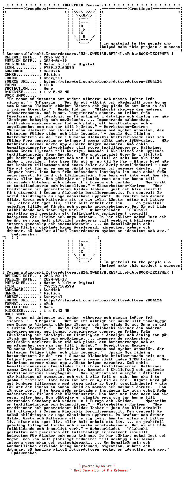 NFO for the release Susanna.Alakoski.Dotterdottern.2024.SWEDiSH.RETAiL.ePub.eBOOK-DECiPHER by DECiPHER