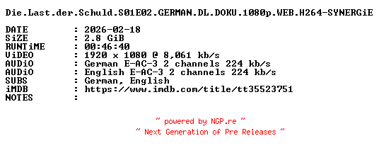 NFO for the release Die.Last.der.Schuld.S01E02.GERMAN.DL.DOKU.1080p.WEB.H264-SYNERGiE by SYNERGiE