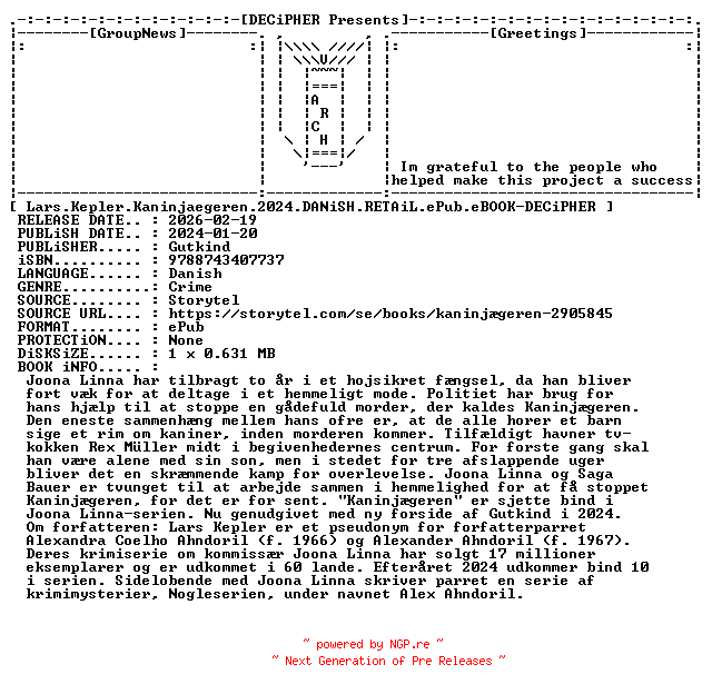 NFO for the release Lars.Kepler.Kaninjaegeren.2024.DANiSH.RETAiL.ePub.eBOOK-DECiPHER by DECiPHER