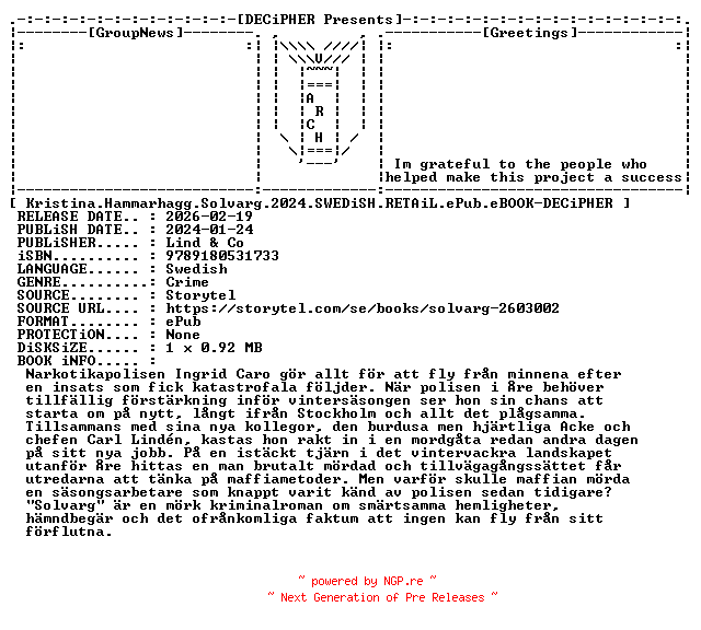 NFO for the release Kristina.Hammarhagg.Solvarg.2024.SWEDiSH.RETAiL.ePub.eBOOK-DECiPHER by DECiPHER