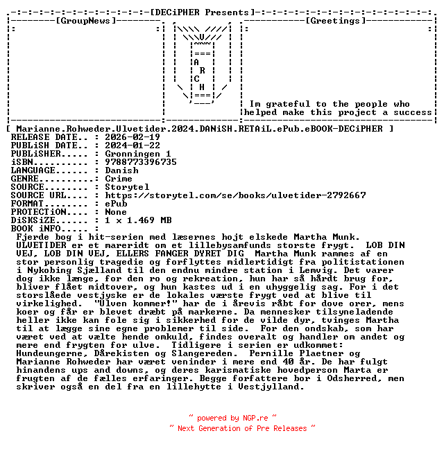 NFO for the release Marianne.Rohweder.Ulvetider.2024.DANiSH.RETAiL.ePub.eBOOK-DECiPHER by DECiPHER