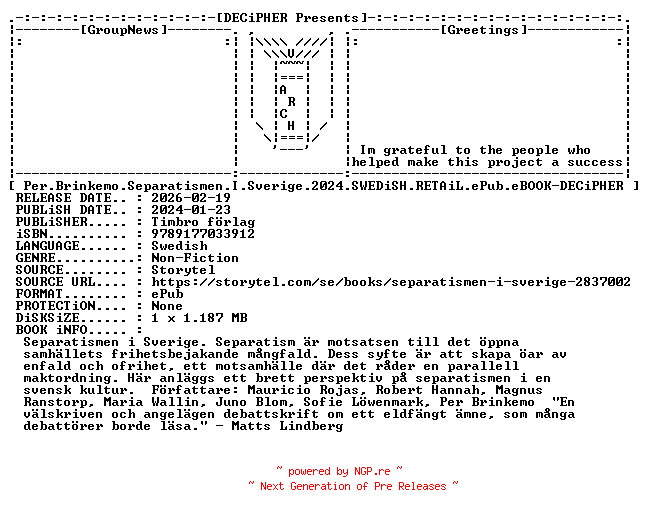 NFO for the release Per.Brinkemo.Separatismen.I.Sverige.2024.SWEDiSH.RETAiL.ePub.eBOOK-DECiPHER by DECiPHER