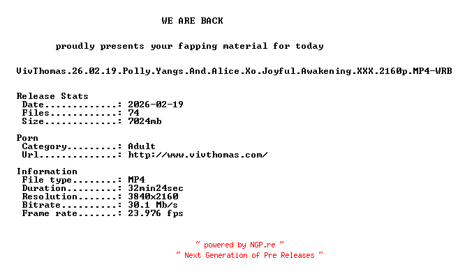 NFO for the release VivThomas.26.02.19.Polly.Yangs.And.Alice.Xo.Joyful.Awakening.XXX.2160p.MP4-WRB by WRB