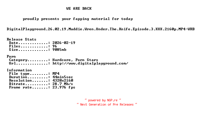 NFO for the release DigitalPlayground.26.02.19.Maddie.Wren.Under.The.Knife.Episode.3.XXX.2160p.MP4-WRB by WRB