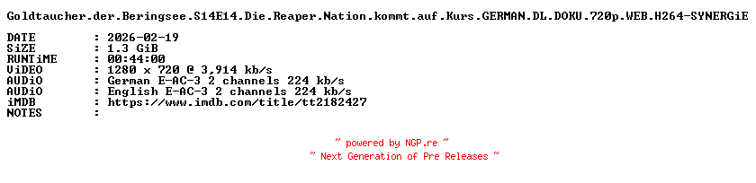 NFO for the release Goldtaucher.der.Beringsee.S14E14.Die.Reaper.Nation.kommt.auf.Kurs.GERMAN.DL.DOKU.720p.WEB.H264-SYNERGiE by SYNERGiE