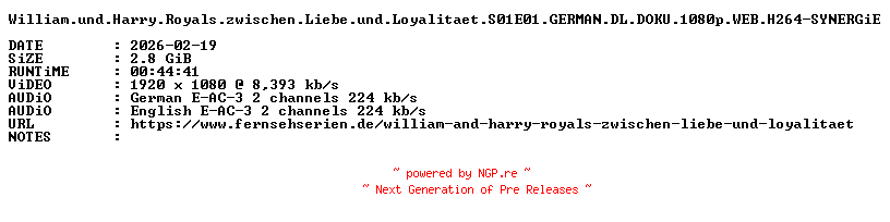 NFO for the release William.und.Harry.Royals.zwischen.Liebe.und.Loyalitaet.S01E01.GERMAN.DL.DOKU.1080p.WEB.H264-SYNERGiE by SYNERGiE