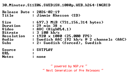 NFO for the release 30.Minuter.S11E06.SWEDiSH.1080p.WEB.h264-INGRID by INGRID