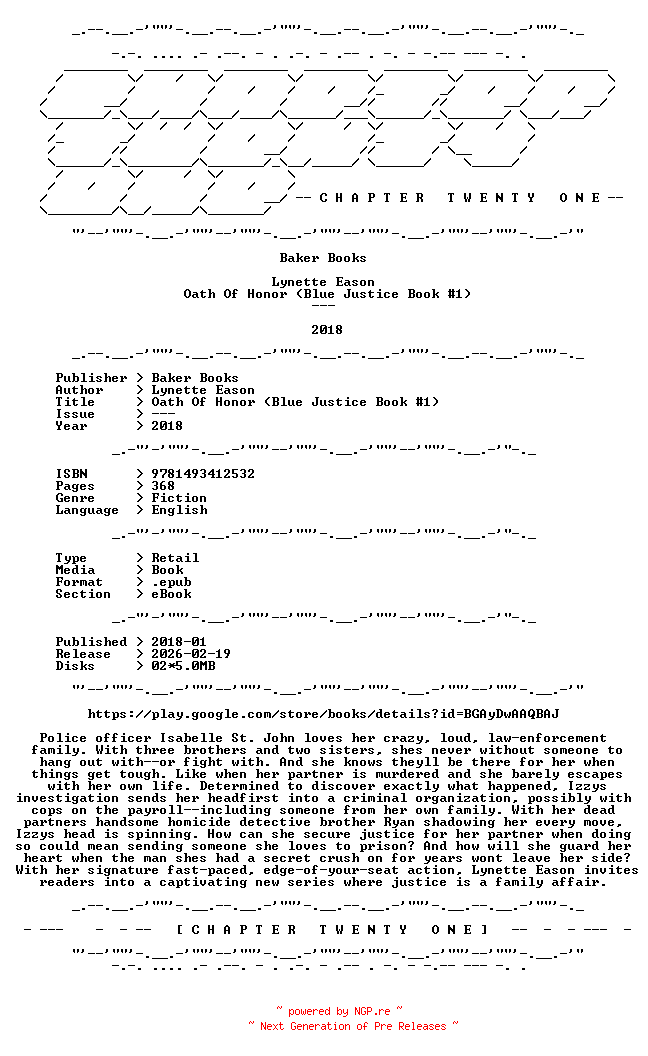 NFO for the release Lynette.Eason.-.Oath.Of.Honor.Blue.Justice.Book.1.2018.RETAIL.EPUB.eBook-CTO by CTO
