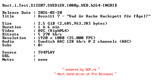 NFO for the release Bast.i.Test.S12E07.SWEDiSH.1080p.WEB.h264-INGRID by INGRID