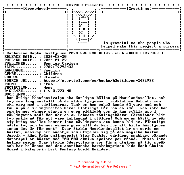 NFO for the release Catherine.Hapka.Hasttjuven.2024.SWEDiSH.RETAiL.ePub.eBOOK-DECiPHER by DECiPHER