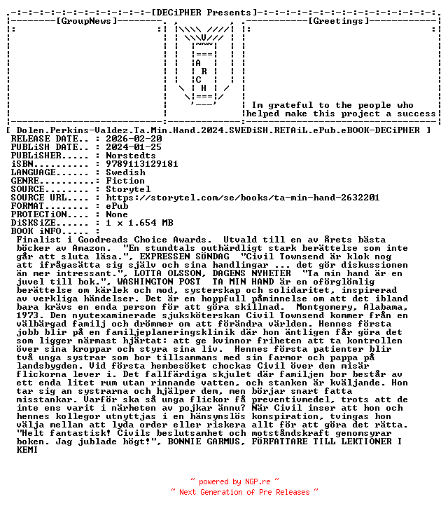 NFO for the release Dolen.Perkins.Valdez.Ta.Min.Hand.2024.SWEDiSH.RETAiL.ePub.eBOOK-DECiPHER by DECiPHER