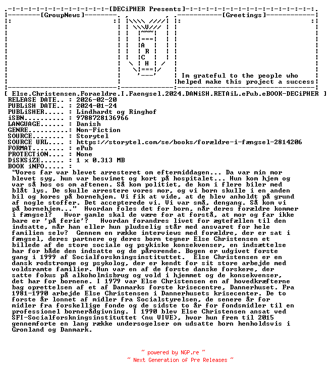 NFO for the release Else.Christensen.Foraeldre.I.Faengsel.2024.DANiSH.RETAiL.ePub.eBOOK-DECiPHER by DECiPHER