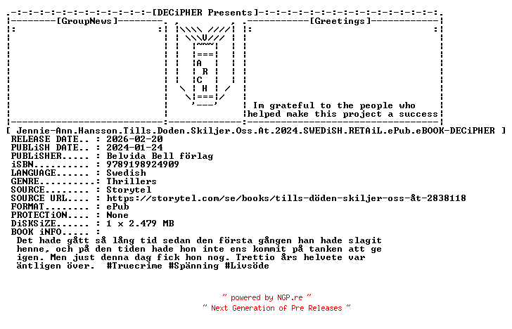 NFO for the release Jennie.Ann.Hansson.Tills.Doden.Skiljer.Oss.At.2024.SWEDiSH.RETAiL.ePub.eBOOK-DECiPHER by DECiPHER