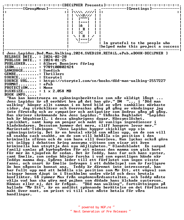 NFO for the release Jens.Lapidus.Dod.Man.Walking.2024.SWEDiSH.RETAiL.ePub.eBOOK-DECiPHER by DECiPHER