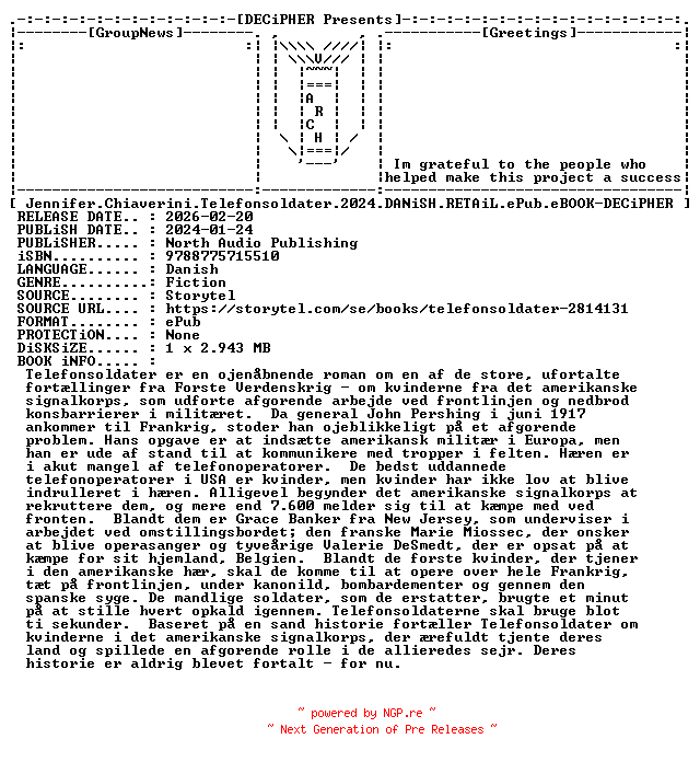 NFO for the release Jennifer.Chiaverini.Telefonsoldater.2024.DANiSH.RETAiL.ePub.eBOOK-DECiPHER by DECiPHER