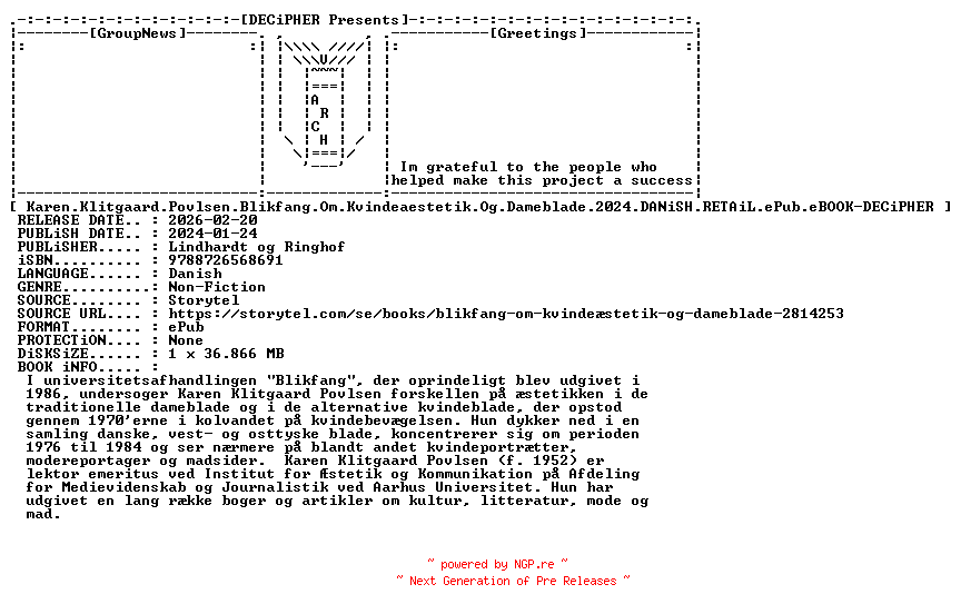 NFO for the release Karen.Klitgaard.Povlsen.Blikfang.Om.Kvindeaestetik.Og.Dameblade.2024.DANiSH.RETAiL.ePub.eBOOK-DECiPHER by DECiPHER