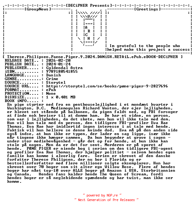 NFO for the release Therese.Philipsen.Paene.Piger.9.2024.DANiSH.RETAiL.ePub.eBOOK-DECiPHER by DECiPHER