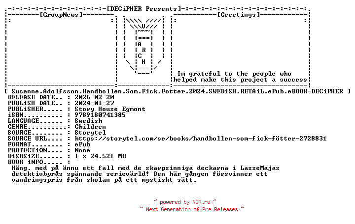 NFO for the release Susanne.Adolfsson.Handbollen.Som.Fick.Fotter.2024.SWEDiSH.RETAiL.ePub.eBOOK-DECiPHER by DECiPHER
