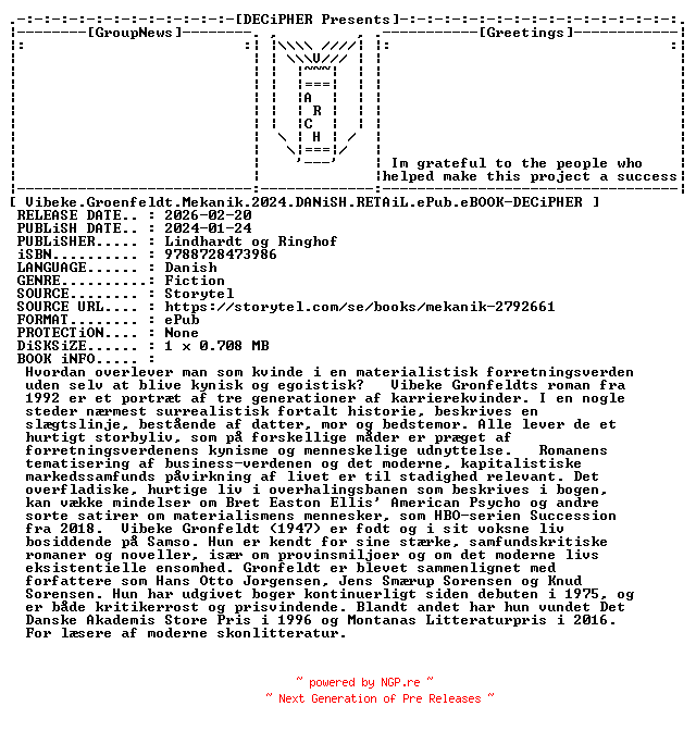 NFO for the release Vibeke.Groenfeldt.Mekanik.2024.DANiSH.RETAiL.ePub.eBOOK-DECiPHER by DECiPHER