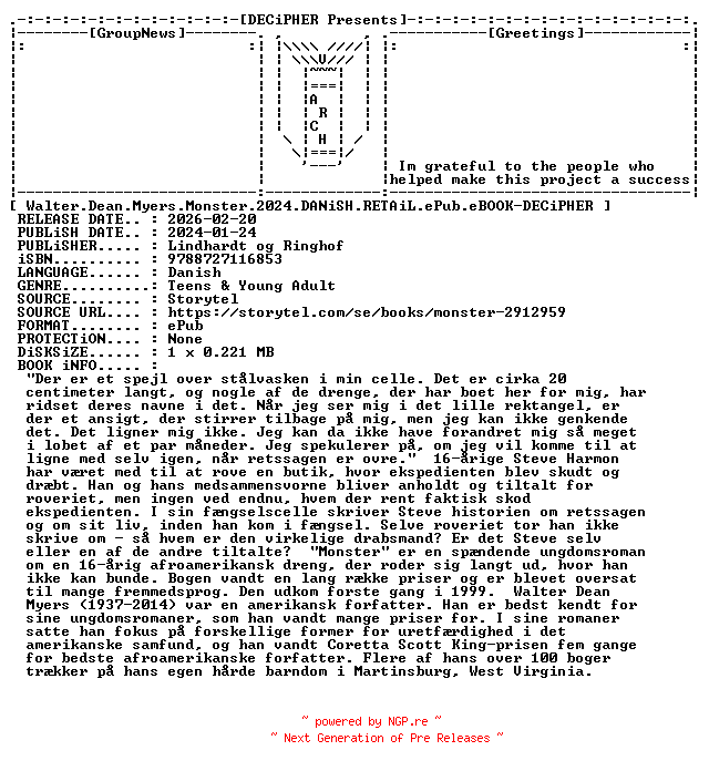 NFO for the release Walter.Dean.Myers.Monster.2024.DANiSH.RETAiL.ePub.eBOOK-DECiPHER by DECiPHER