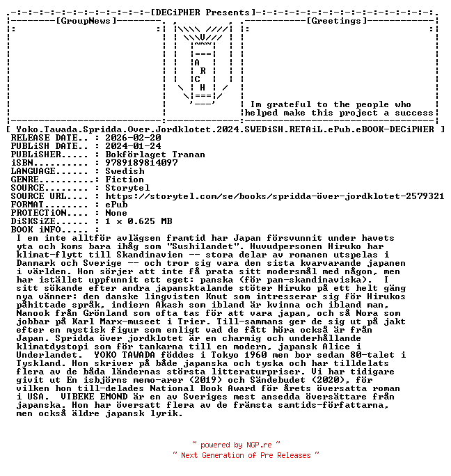 NFO for the release Yoko.Tawada.Spridda.Over.Jordklotet.2024.SWEDiSH.RETAiL.ePub.eBOOK-DECiPHER by DECiPHER