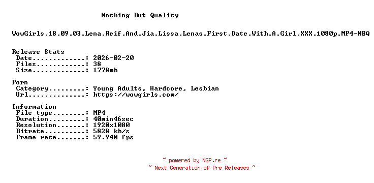 NFO for the release WowGirls.18.09.03.Lena.Reif.And.Jia.Lissa.Lenas.First.Date.With.A.Girl.XXX.1080p.MP4-NBQ by NBQ