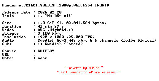 NFO for the release Hundarna.S01E01.SWEDiSH.1080p.WEB.h264-INGRID by INGRID