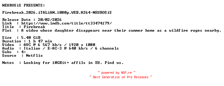 NFO for the release Firebreak.2026.iTALiAN.1080p.WEB.H264-NEUROSiS by NEUROSiS