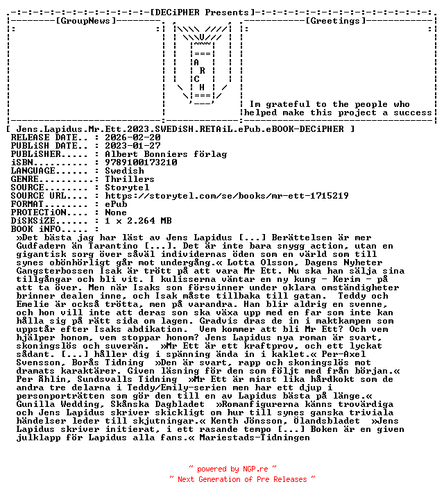 NFO for the release Jens.Lapidus.Mr.Ett.2023.SWEDiSH.RETAiL.ePub.eBOOK-DECiPHER by DECiPHER