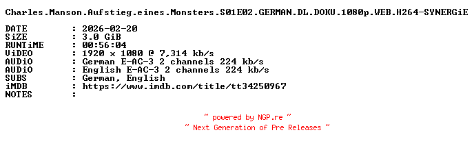 NFO for the release Charles.Manson.Aufstieg.eines.Monsters.S01E02.GERMAN.DL.DOKU.1080p.WEB.H264-SYNERGiE by SYNERGiE