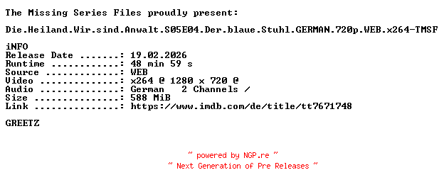 NFO for the release Die.Heiland.Wir.sind.Anwalt.S05E04.Der.blaue.Stuhl.GERMAN.720p.WEB.x264-TMSF by TMSF