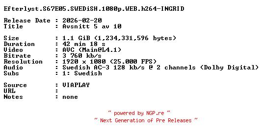 NFO for the release Efterlyst.S67E05.SWEDiSH.1080p.WEB.h264-INGRID by INGRID