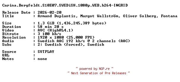 NFO for the release Carina.Bergfeldt.S10E07.SWEDiSH.1080p.WEB.h264-INGRID by INGRID