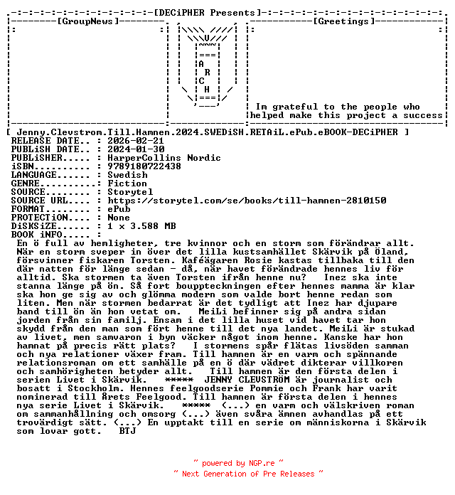 NFO for the release Jenny.Clevstrom.Till.Hamnen.2024.SWEDiSH.RETAiL.ePub.eBOOK-DECiPHER by DECiPHER