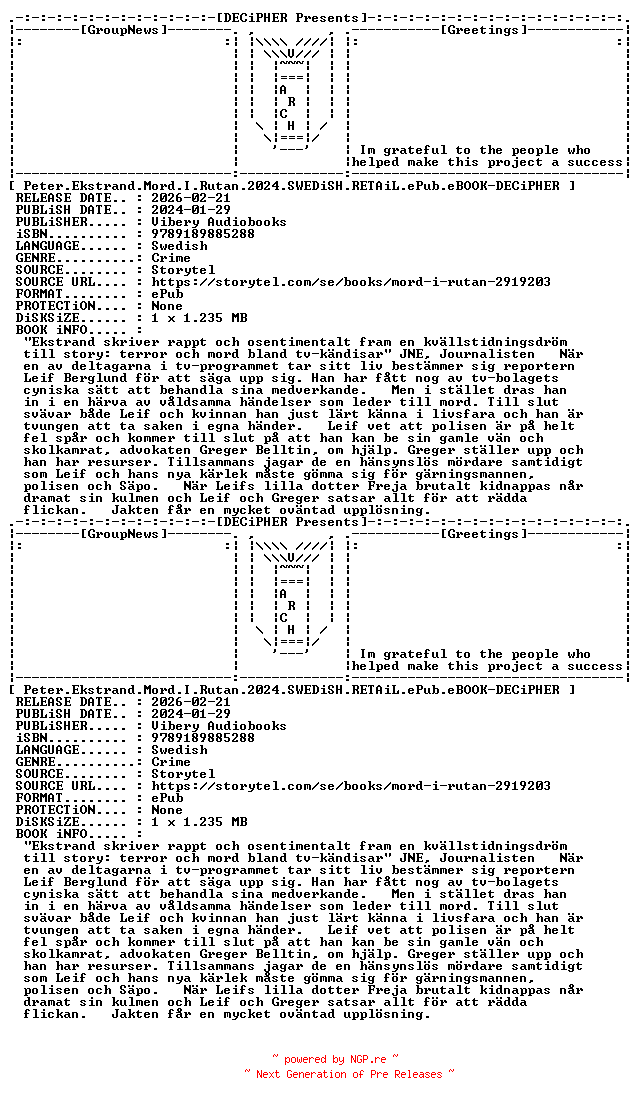 NFO for the release Peter.Ekstrand.Mord.I.Rutan.2024.SWEDiSH.RETAiL.ePub.eBOOK-DECiPHER by DECiPHER