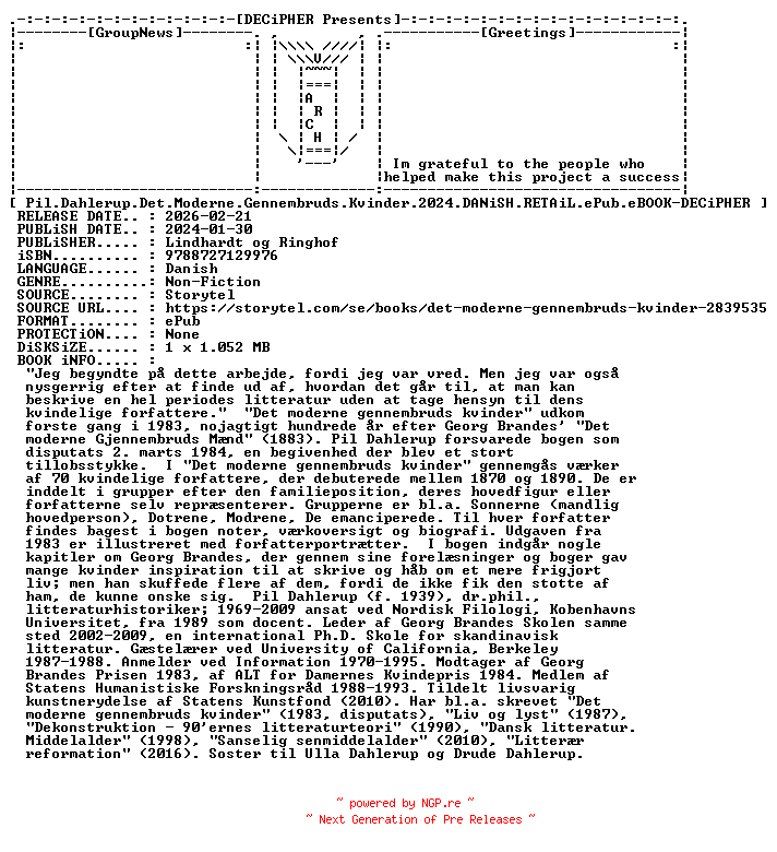 NFO for the release Pil.Dahlerup.Det.Moderne.Gennembruds.Kvinder.2024.DANiSH.RETAiL.ePub.eBOOK-DECiPHER by DECiPHER