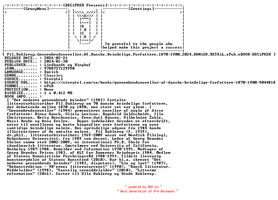 NFO for the release Pil.Dahlerup.Gennembrudsnoveller.Af.Danske.Kvindelige.Forfattere.1870-1900.2024.DANiSH.RETAiL.ePub.eBOOK-DECiPHER by DECiPHER