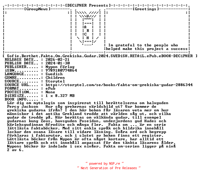 NFO for the release Sofie.Berthet.Fakta.Om.Grekiska.Gudar.2024.SWEDiSH.RETAiL.ePub.eBOOK-DECiPHER by DECiPHER
